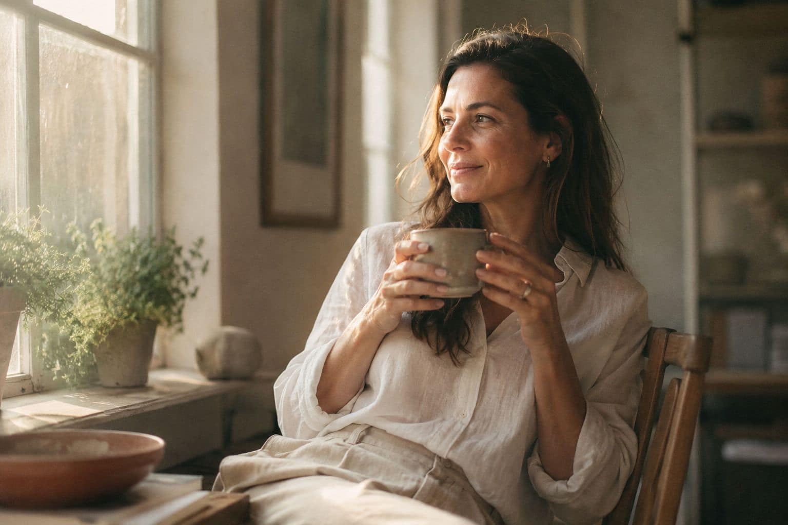 A woman at peace with her morning coffee